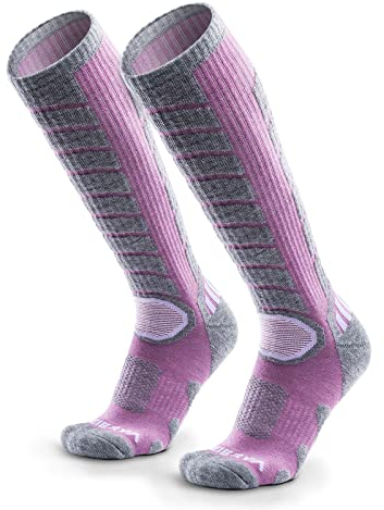 WEIERYA Calze Sci Uomo in Lana Merino - Calze da Sci per Uomo e Donna,Termiche, Antiscivolo, Ideali per Sci, Snowboard e Inverno,2 Paia,Viola,41-44
