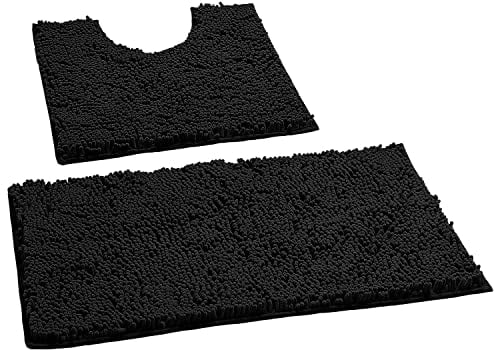 LuxUrux Luxury Chenille (2-Piece) Bath Mat Set, Soft Plush Anti-Slip Rug + Toilet Mat.1'' Microfiber Shaggy Carpet, Super Absorbent (Black, 80 x 50 cm + U Shaped 50 x 50 cm)