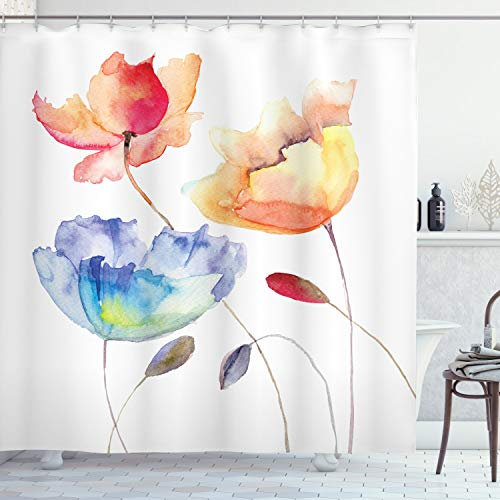 ABAKUHAUS Jahrgang Duschvorhang, Natur Blumen, Stoffliches Gewebe Badezimmerdekorationsset mit Haken, 175 x 240 cm, Orange Blau Rot