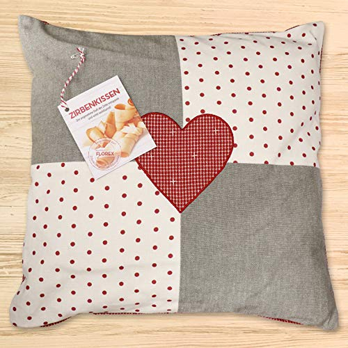 Florex Zirbenpolster 40x40cm mit Herz Motiv rot befüllt mit Zirbenspänen