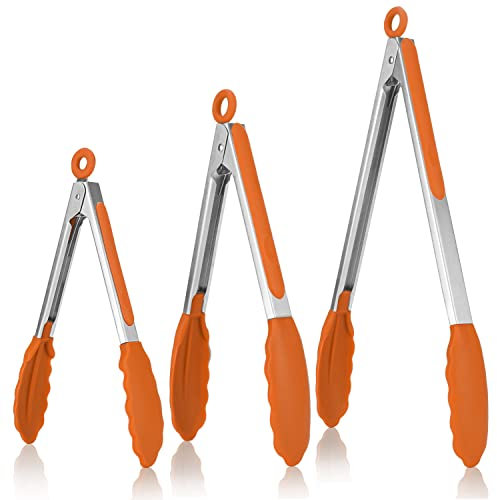 U-Taste Pince Cuisine Lot de 3 Pinces Barbecue en 18/8 Acier Inoxydable Ustensiles Cuisine avec Poignée Silicone Résistante à La Chaleur 250℃ Pince Buffet Anti-adhé, sans BPA (Orange)