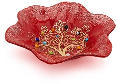 Sospiri Venezia Vide-poches Plat Décoratif Bol Arbre de Vie Verre de Murano Décoré Murrines et Feuille d'Or Idée Cadeau Fait à la Main Fabriqué en Italie (13x13 cm)