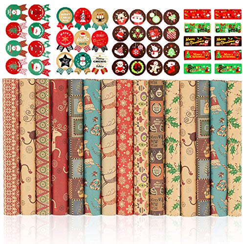 Geschenkpapier Weihnachten aus Kraftpapier 70x50cm, Bst4U 15 Blatt Weihnachtsgeschenkpapier mit 43 Aufklebern,11 Ausführung, Recycling,Weihnachtspapier Set für Geschenkverpackung Weihnachten