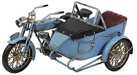 32cm Blue Vintage Motorcycle Motorbike Sidecar Tin Plate Metal Decorative Model