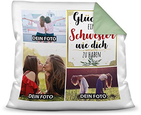PR Print Royal Kissen mit Füllung - Fotocollage selbst gestalten mit Spruch für Schwester - GLÜCK - mit DREI eigenen Fotos - Geschenkidee Fotokissen - Farbkissen Rückseite Seegrün