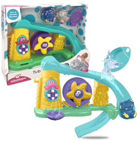 BSM Edushape – Parc Aquatique de Bain Bébé – Toboggan, Roue à Eau, Fontaines et 2 Figurines Animaux – Jouet de Bain Éducatif et Sensoriel Dès 12 Mois