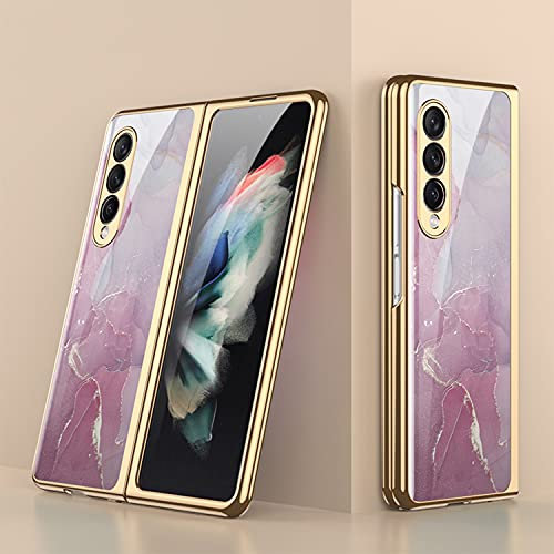 COQUE Galaxy Z Fold 3 5G Hülle,ultradünnes 9H Glas glänzend lackierte Handyhülle,Faltbare Handyhülle für Samsung Galaxy Z Fold 3 5G-Bunte Wolken-Lila Pink