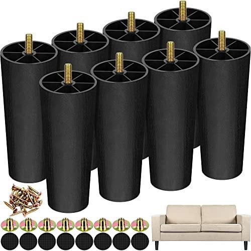 Plastic Furniture Legs with M8 T-nuts Screws Tapered Sofa Couch and Chair Legs Replacement Furniture Legs for DIY Projects Sofas Coffee Tables Dressers Beds (8, 6inch)