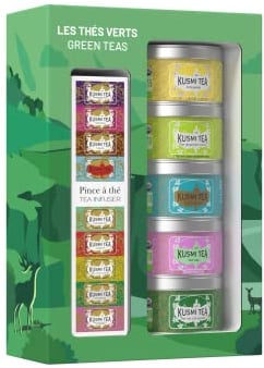 Kusmi Tea - Geschenkset Grüner Tee Bio mit Teezange - Spearmint Tee, Jasmintee - Geschenkset Green Teas bio - 5 Dosen zu 25g - Idee Geburtstagsgeschenk für Frauen und Männer