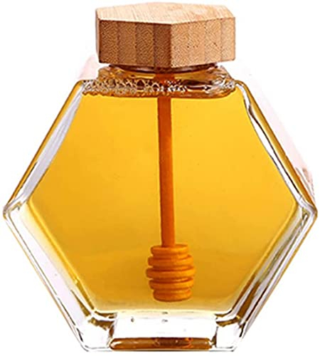 YZJSSL Honey Glass Jar Hexagon Shape Honey Pot Container Sirup Vorratsglas mit Holzlöffel und Kork für die Heimküche-220ml