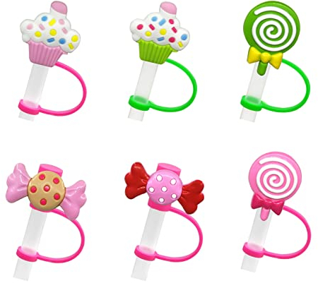 6Pcs Straw Covers Cap, Reusable Drinking Straw Cover, Dust-Proof Straw Toppers for 7-8 mm Straws, Silicone Straw Tip Covers Decoration (Desserts Straw Cover)