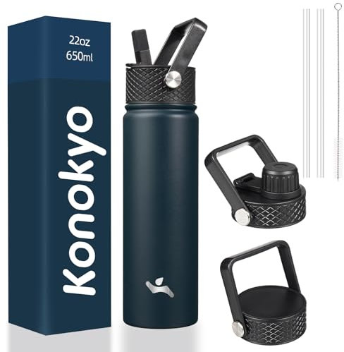 Konokyo Bouteilles en acier inoxydable de 650 ml avec 3 couvercles, bouteille d'eau isotherme pour le sport, bleu marine