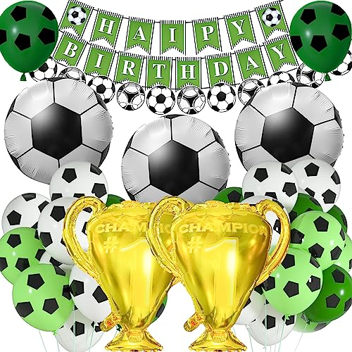 PLULON Soccer Birthday Decorations Happy Birthday Banner Football Garland with Football Balloons Large Trophy Gold Balloons for Kids Boys Football Birthday Party Supplies Sports Themed Party Décor