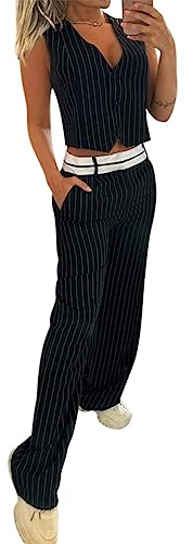 Onsoyours Damen Hosenanzüge Elegant Weste Business Anzug Set Hosenanzug Blazer Hose 2-teilig Anzug Einfarbig Zweiteiler Slimfit Streetwear Zweiteiliger A Schwarz XS