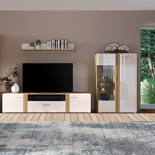 Lomadox Wohnwand Anbauwand Fernsehwand TV Wand in Eiche Nb. modern mit Fronten in Hochglanz weiß 3-teilig, TV-Lowboard, Highboard und Wandregal, inkl. LED Beleuchtung