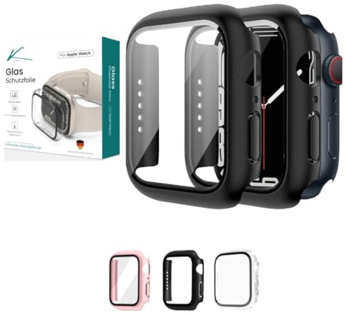 KAAOH 2 Stück Kratzfestes Schutzhülle für Apple Watch Series SE/6/7/8, Rundum Display Schutz, HD Glas Schutz Case (Schwarz 44 mm)
