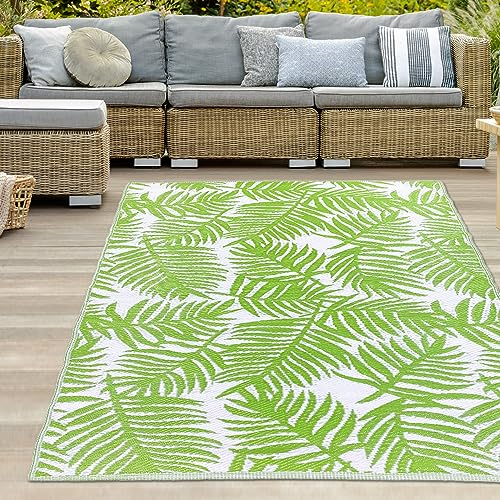 Teppich-Traum Outdoor Außen Teppich wetterfest Kunststoff Camping Vorzeltteppich Gartenteppich Balkonteppich Tropisches Palmen-Design grün-weiß 150 x 220 cm
