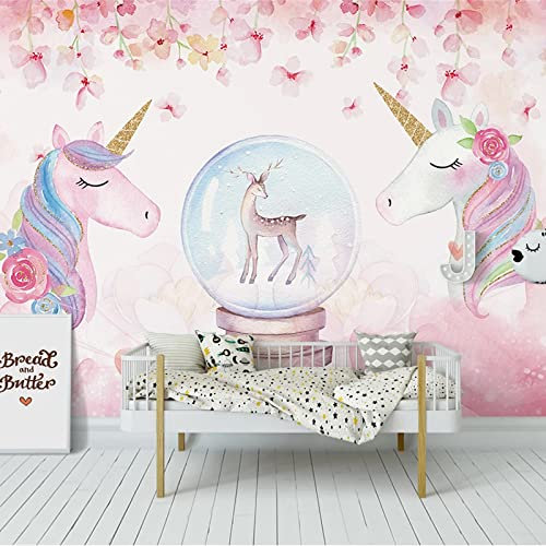 3D Wall Murals Photo Wallpaper 177.2(W) X118.2(H) inch Pink Flower Unicorn Wall Decoration for Living Room Bedroom Hallway Window TV Background