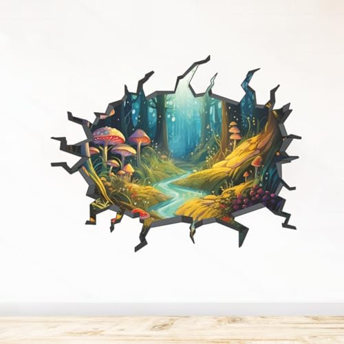 Sticker Trompe l’oeil Mur Brisé | Fôret Enchantée adhésifs Effet 3D | Stickers muraux Chambre enfant - Sticker Mural 3D - Vue panoramique - Adhesif Mural Trompe l'oeil Chambre (120x94 cm)