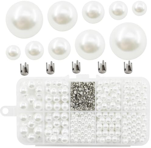 SHRJ Pearl Setting Machine Accessories Pearl Beads with Rivet Studs Set, Replenishment White Polished ABS Undrilled Art No Hole Imitation Round Pearl Beads, 5 Sizes (White)