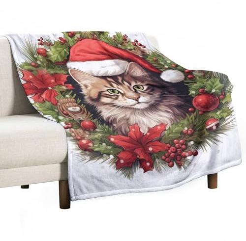 DELIBEST Merry Christmas Decke, Fleece-Flanell, gemütliche Überwurfdecken, atmungsaktiv, leicht, warm, Bettdecke, Weihnachtskranz, Decke für Couch, Bett, Sofa, alle Jahreszeiten, 76,2 x 101,6 cm