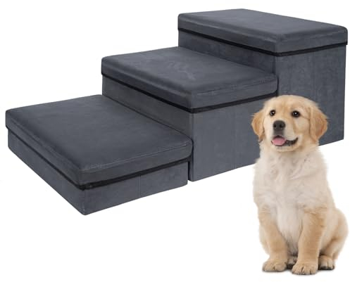 IBVIVIC Escaliers pour Chien à 3 Marches pour Chiens et Chats de Petite/Moyenne, Escalier Pliable pour Animaux avec Boîte de Rangement, Rampe Antidérapante pour Chien pour Lit Haut & Canapé (Gris)