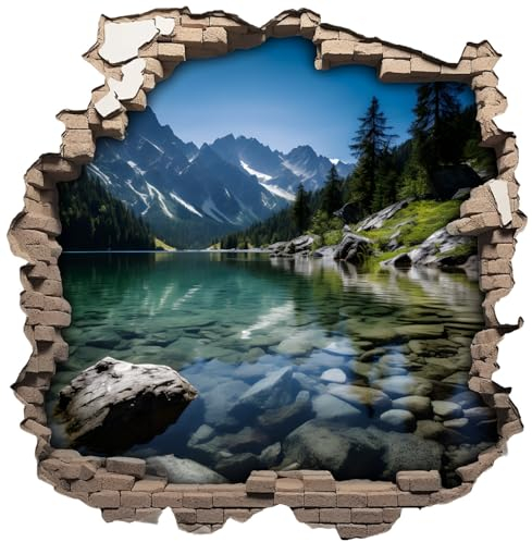 Samunshi® Wanddeko Mauerloch Wandriss mit Bergsee Felsen Idilisch Fenster in andere Welt Portal Wallart Wandtattoo für Wohnzimmer Küche Wandaufkleber Wandsticker 30 x 30cm