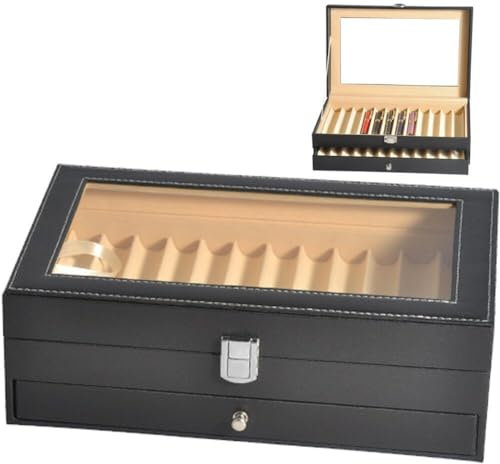 Leather Pen Storage Display Box with Glass Sunroof 24 Grids Storage Box Large Capacity Fountain Pen Storage Organizer