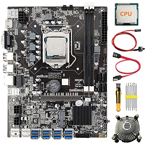 AMIUHOUN B75 - Placa base de minería BTC de 8 tarjetas, CPU, ventilador de refrigeración, destornillador, cable , cable de interruptor, 8 puertos USB 3.0 (PCIE) LGA1155 DDR3 MSATA