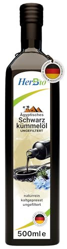 HerbBio ägyptisches Schwarzkümmelöl kaltgepresst Ungefiltert - Hoher Gehalt an THYMOCHINON - 100% naturrein Black seed oil - aus ägyptischen Nigella Sativa - mühlenfrisch direkt vom HerbBio (500ml)
