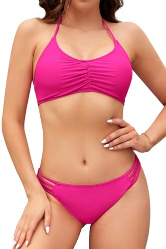 SHEKINI Damen Bikini Set Niedriger Kragen Ruched Rückenfrei Verstellbar Bikinioberteil Chic Zweiteiliger Badeanzug mit Triangel Bikinihose Strandmode(M,Fluoreszierendes Rosa)