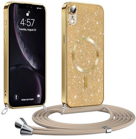 Phoona handyband Hülle für iPhone XR mit Band, Glitzer Handyhülle Kompatibel mit MagSafe, Ganzkörperschutz Kratzfeste Stossfest Schutzhülle mit Einstellbar Kette, Gold