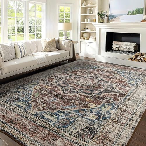 PONY DANCE Waschbarer Teppich Wohnzimmer 160x230 cm Dünne und Flauschige Kurzflor Teppiche Vintage für Schlafzimmer/Esszimmer/Büro, Feuerrote Harmonie