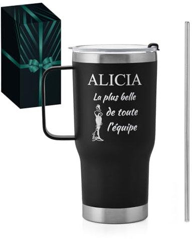 Maverton Mug Isotherme Noir 600 ml en Acier Inoxydable avec Brosse de Nettoyage - Gobelet avec Paille et Couvercle gravé - Cadeau Anniversaire Femme - Idee Cadeau Femme Belle femme