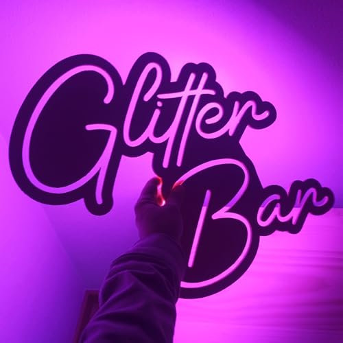 Cartel luz de neon-led Glitter Bar sobre madera - Letrero luminoso fiesta purpurina eventos