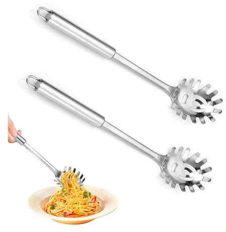 Bieiyhe 2 Cuchara Servir Pasta 30 cm,Cucharon Espaguetis,Cuchara Spaghetti,Cuchara para Servir Espaguetis,Servidor para Pasta,Cuchara para Pasta de Acero Inoxidable,Tenedor para Pasta lavavajillas