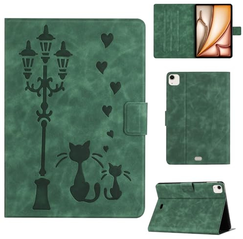 Rosbtib Coque pour iPad Air 11 (2025/2024 M3/M2) 11 / iPad Air 2022/2020 10.9 / iPad Pro 11 Housse en Similicuir avec Support, Un Couple de Chats Amoureux sous Le lampadaire Imprime, Vert