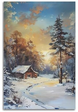 Visuell atemberaubendes kreatives Landschafts-Ölgemälde-Poster, kleines Haus im verschneiten Wald, Winterlandschaft, Marvel-Poster, dekorative Malerei, Leinwand, Wandposter für Schlafzimmer, Dekor und