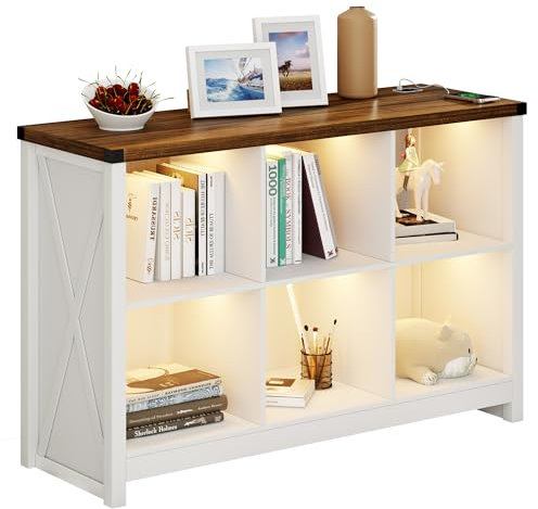 FREDEES Weißer Bücherregal mit LED-Lichtern, Landhaus 6 Würfel Bücherregale mit offener Ablage, Vintage Holz Bücherregal im Landhausstil für TV-Ständer, Schlafzimmer, Wohnzimmer, Arbeitszimmer