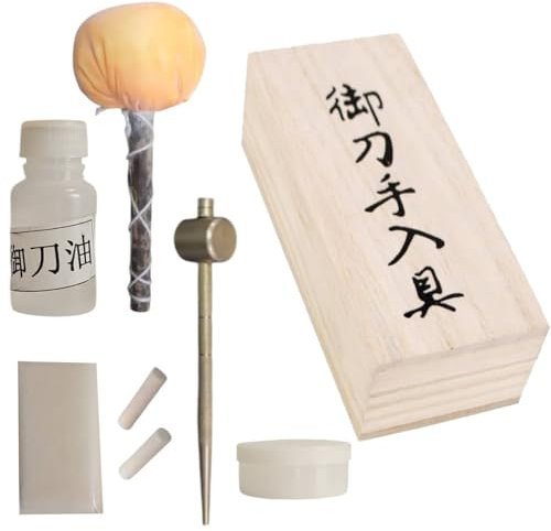 Wartungs- und Reinigungsset für Katana in Holzkiste – inklusive Choji Abura, Uchiko, Bambus-Mekugi, Mekugi-Nuki, Nuguigami – traditionelle Reinigung und Pflege für Samuraischwerter