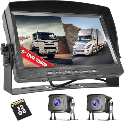 Doppelte Rückfahrkamera für LKW mit 9 Zoll 1080P Aufnahmemonitor, 32G TF Karte, Kamera Rückfahranzeige, 2 Geteilter Bildschirm, Nachtsicht, IP69 Wasserdicht, Rückfahrkamera für LKW, Wohnmobil, Van