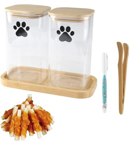 Ctomche 2 Pack Dog Treat Jar,Glass Pet Food Jar with Airtight Lid and Tray,Dog Treat Storage 1200ML,Cat Puppy Biscuit Chew Stick Organiser For Kitchen Countertop