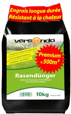 versando 10 kg Engrais gazon longue durée printemps été jusqu’à 500 m² : apport nutritif parfait, idéal chaleur, sécheresse pour pelouse dense et verte – premium