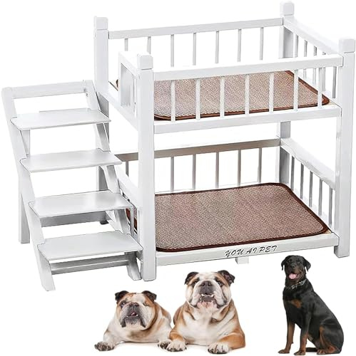 Generisch Hunde-Etagenbett klein for kleine, mittelgroße und große Hunde, abnehmbares Doppellagiges Haustierbett mit Treppe(White,Small)