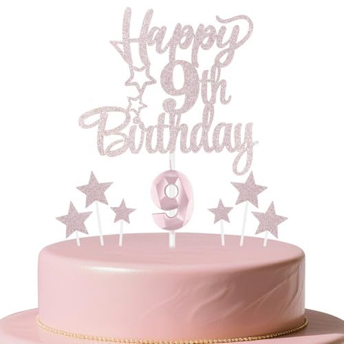 mciskin Rose Gold 9th Birthday Candles Cake Toppers Set,9th Birthday Decorations for Girl,3D Number 9 Candle for Cake,Rose Gold Candles Star Cupcake Toppers for Girls Women Birthday Party Supplies