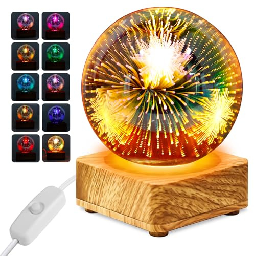 PORFOYO 3D Kristallkugel Nachtlicht, 9 Cm Glaskugel-Nachtlampe Mit Holzsockel, Glaskugel Lampe Mit Holzsockel, Geschenke Für Frauen, Mama, Kinder, Freundin