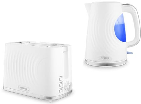 Tower Sonar White 1.7L 3KW Kettle & 2 Slice Toaster Matching Set with Chrome Accents & Stylish Ripple Design. T10083WHT, T20090WHT