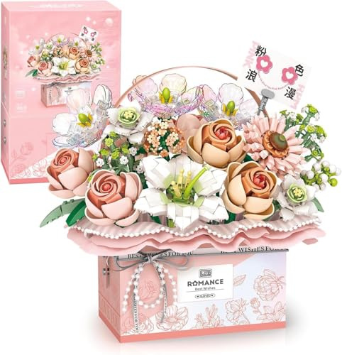 Genruron Blumenstrauß Bausteine, 1212 Teilige Simulation Rosen Bonsai Bausatz Kit, Blumenstrauß Bauspielzeugsets Künstliche Blumen with Handheld Geschenkbox Geschenk für Erwachsene Kinder (Rosa)