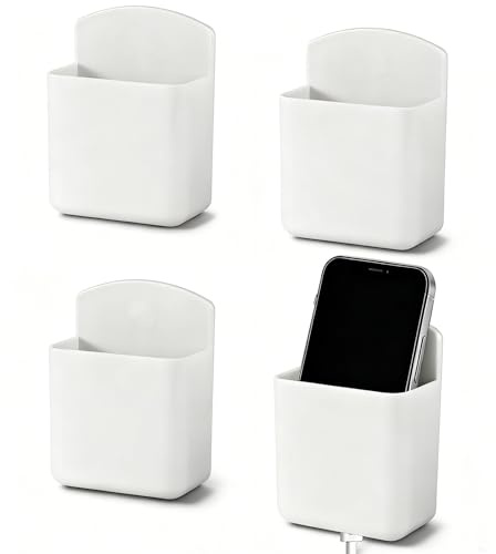 Remote Control Holder Wall Mounted, Self-adhesive Wall Storage Box, Phone Charging Rack Holder with Charging Port, Hanging Container for Remote Control Cellphone Toothpaste & More (White, 4 Pcs)