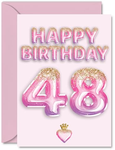 48th Birthday Cards for Women and Men, Pink & Purple Glitter Balloons | Happy Birthday Card for 48 Year Old Man Woman Cousin Sister Dad Colleague, A5 Bday Greeting Cards